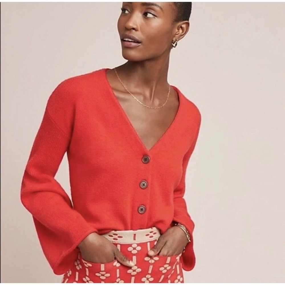 Moth Anthropologie Red Bell Sleeve V-Neck Cardigan Sweater Merino Wool Blend M